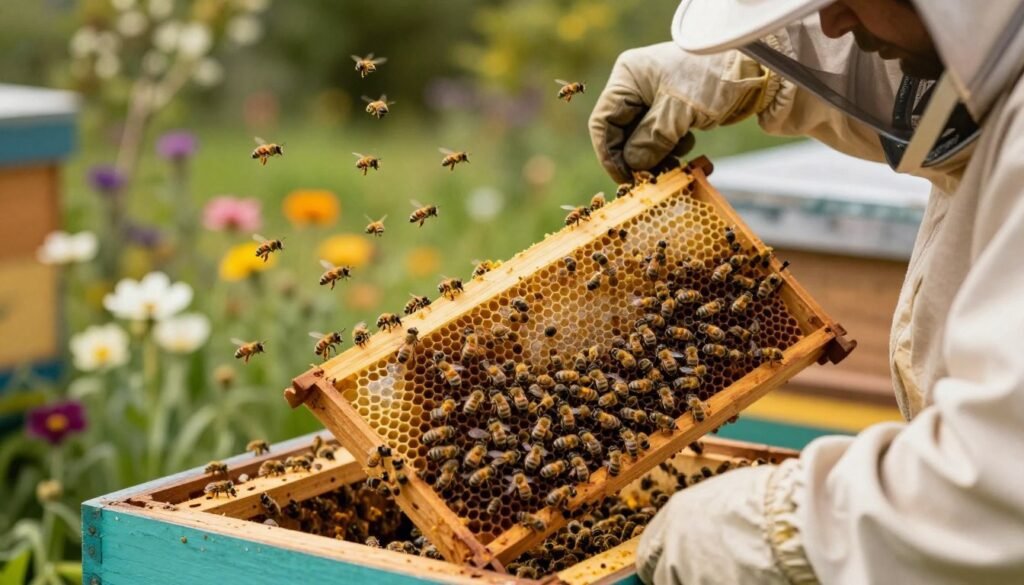 A detailed view of a beekeeper in professional attire examining a beehive, focusing on assessing colony strength and forager activity. In the foreground, a beekeeper uses a hive tool to carefully lift frames from the hive, revealing translucent honeycomb filled with bees, showcasing their busy activity. In the middle ground, foraging bees are seen flying in and out, carrying pollen and nectar, while some are clustered on the frames. The background features a lush garden with blooming flowers, providing a vibrant source of food for the bees. The lighting is warm and natural, suggesting a sunny day, with a slightly blurred depth of field to draw attention to the beehive and the beekeeper's actions. The overall atmosphere is one of industriousness and vitality, illustrating the harmony in a healthy beekeeping environment.