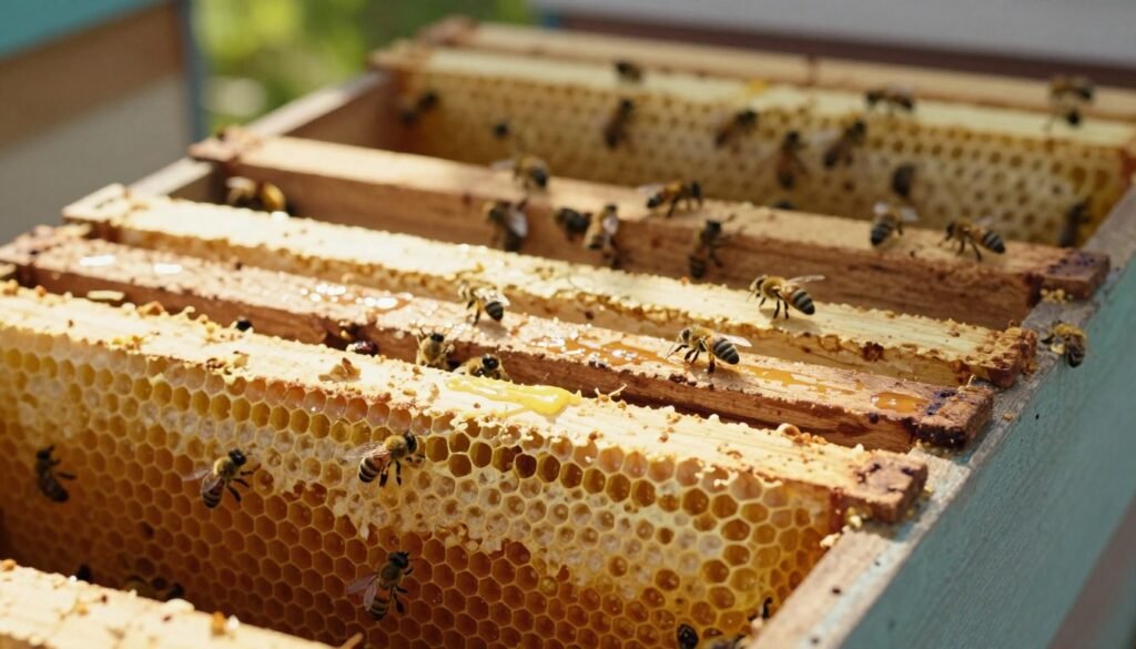 A detailed view of a cross-section of a beehive stack, showcasing the proper placement of a moisture board within the hive. In the foreground, vibrant honeycomb cells filled with golden honey, some bees active around them. The middle layer focuses on a wooden moisture board snugly positioned between two hive boxes, showing a slight condensation on its surface, indicating moisture control. In the background, soft-focus frames of the hive stack reveal layers of bees busily working. Natural sunlight filters through a nearby opening, casting gentle shadows and creating a warm, inviting atmosphere. The perspective is slightly angled, emphasizing depth and layers, making it feel as if the viewer is observing the hive’s inner workings closely. Please ensure no captions, text overlays, or any identifying marks are included.