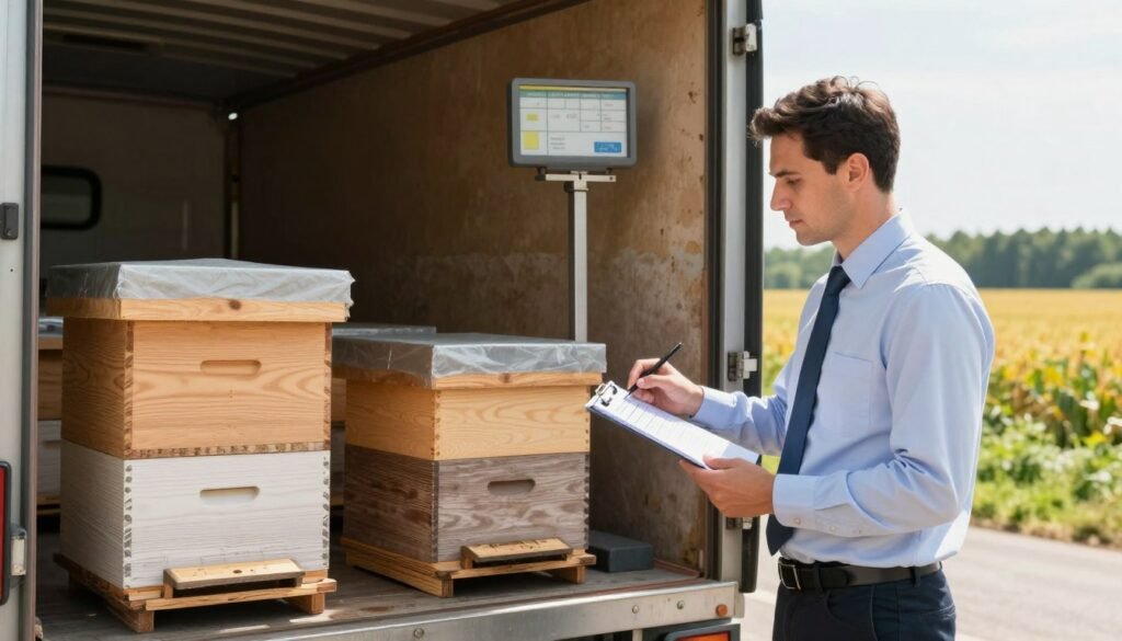 A detailed view of a logistics expert planning the weight distribution for transporting beehives in a truck. In the foreground, a professional in business attire stands beside an open truck with a partially filled load of wooden beehive boxes, inspecting a clipboard with weight calculations. The middle ground features a truck scale with clear indicators, while the backdrop displays a sunny outdoor scene with vibrant fields and a distant forest, emphasizing a rural setting. Soft, natural lighting highlights the details of the beehives and the expert's focused expression. The overall mood is one of meticulous planning and care for the well-being of the migrating hives, evoking a sense of professionalism and responsibility in agricultural logistics.