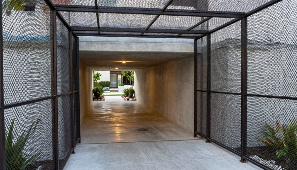 A detailed view of a modern entrance tunnel secured with mesh barriers, designed for robbing reduction. In the foreground, sturdy, dark metal mesh barriers create a sense of security with intricate patterns. The middle section features a spacious underground tunnel illuminated by soft, ambient lighting, showcasing smooth concrete walls and the reflective flooring. In the background, a pleasantly landscaped entrance with minimalistic plants and stones leads to the outside world, portraying a safe and welcoming home environment. The scene is captured from a slightly elevated angle with a 35mm lens, creating a balanced perspective. The atmosphere is calm yet secure, emphasizing the importance of safety in home design.