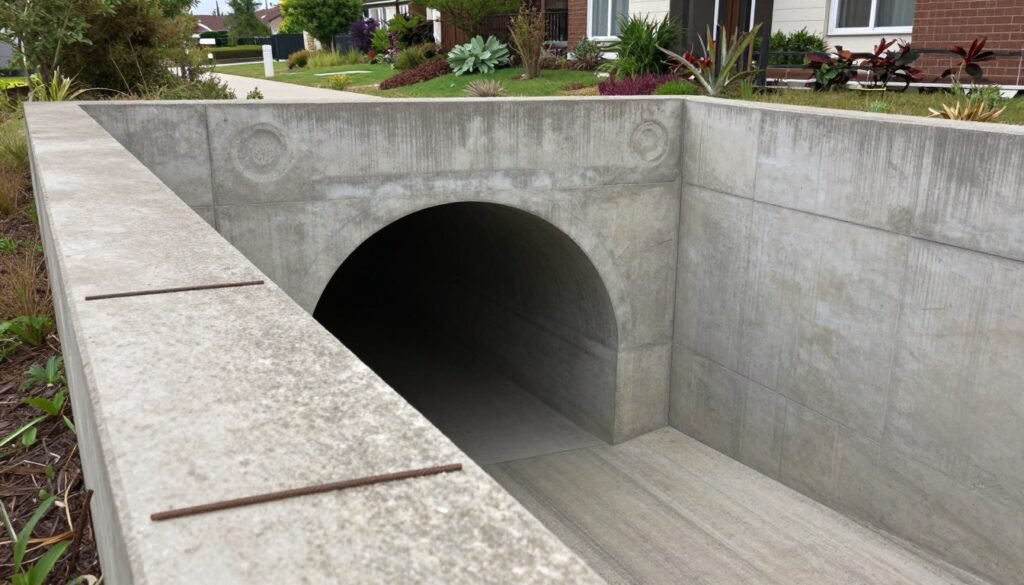 A detailed view of a reinforced concrete tunnel entrance, showcasing the structural integrity of the material. In the foreground, highlight the textured surface of the concrete with visible steel rebar, emphasizing its strength and durability. The middle ground should include the entrance of the tunnel, framed by robust concrete walls, with intricate architectural elements that suggest stability and security. In the background, the landscape should feature a serene environment, perhaps a garden or residential area, conveying a sense of safety. The lighting should be natural, casting soft shadows that enhance the tunnel's depth, while the angle should be slightly elevated, allowing a comprehensive view of the tunnel’s entryway. The mood is calm, reassuring, and focused on architectural resilience.