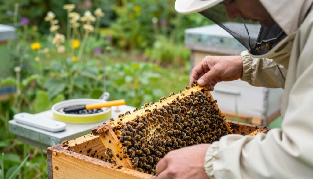A detailed view of a small bee colony being carefully monitored for varroa mite control. In the foreground, a beekeeper in modest casual clothing examines a frame filled with bees under soft, natural lighting. The frame reveals several varroa mites clearly visible on the bees. In the middle, a well-maintained wooden hive shows signs of recent mite treatment, with tools like a mite washing kit strategically placed nearby. The background features a lush garden, emphasizing the natural environment crucial for bee health, with soft-focus wildflowers and greenery. The atmosphere is calm and focused, depicting the importance of mite management in small colonies before winter. The angle is slightly elevated, providing a comprehensive view of the scene, and the overall composition is vibrant yet serene, capturing the harmony of beekeeping.
