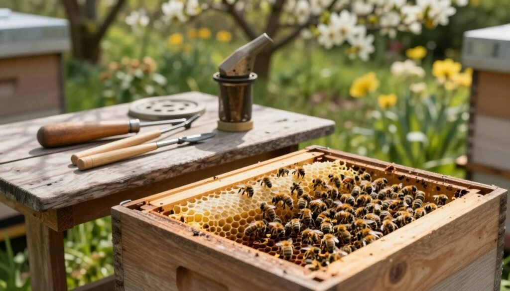 A detailed view of a small beekeeping operation focused on hive equipment. In the foreground, a wooden beehive is open, revealing frames filled with honeycomb and bees busy at work. In the middle ground, various handcrafted beekeeping tools like a smoker and hive tool are arranged neatly on a rustic wooden table. The background features a lush garden with blooming flowers, capturing the essence of a healthy ecosystem. Soft, natural lighting filters through the trees, casting gentle shadows on the scene. A warm, inviting atmosphere conveys both the beauty and risks associated with DIY beekeeping. The focus is sharp, using a shallow depth of field to draw attention to the bees and equipment, emphasizing the intricacies of hive management.