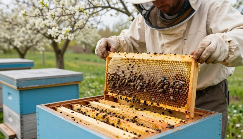 A detailed view of a spring rotation technique for a brood box in a beekeeping setting. In the foreground, showcase an open brood box filled with honey frames in various stages of usage, highlighting the contrast between new and older frames. In the middle ground, depict a beekeeper in professional attire thoughtfully inspecting the frames, emphasizing careful examination of honeycomb structure and bee activity. In the background, include a lush spring landscape with blooming flowers and trees, under soft natural lighting that creates a vibrant and warm atmosphere. The angle should be slightly elevated, capturing both the beekeeper’s focused expression and the intricate details of the brood box. The scene conveys a sense of harmony and diligence in beekeeping practices. A detailed view of a spring rotation technique for a brood box in a beekeeping setting. In the foreground, showcase an open brood box filled with honey frames in various stages of usage, highlighting the contrast between new and older frames. In the middle ground, depict a beekeeper in professional attire thoughtfully inspecting the frames, emphasizing careful examination of honeycomb structure and bee activity. In the background, include a lush spring landscape with blooming flowers and trees, under soft natural lighting that creates a vibrant and warm atmosphere. The angle should be slightly elevated, capturing both the beekeeper’s focused expression and the intricate details of the brood box. The scene conveys a sense of harmony and diligence in beekeeping practices.