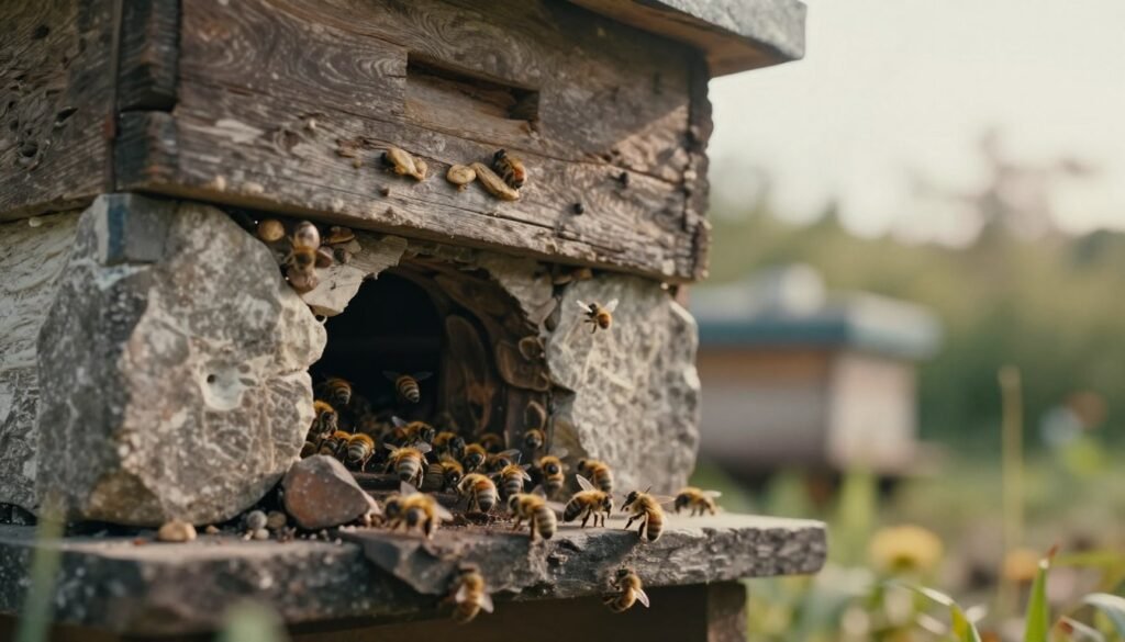 A detailed view of a stonebrood hive entrance, showcasing its intricate textures and natural elements. In the foreground, the hive entrance is adorned with rough stones and organic materials, capturing the rugged look of a beehive under environmental stress. The middle ground features a slight blur of bees actively entering and exiting, emphasizing their busy nature. In the background, a soft focus reveals a muted garden setting with gentle, diffused sunlight filtering through leaves, creating a warm atmosphere. The scene is captured from a low angle, enhancing the hive's towering presence against the sky. The overall mood is one of resilience amidst environmental challenges, highlighting the delicate balance of nature in a beekeeping context. A detailed view of a stonebrood hive entrance, showcasing its intricate textures and natural elements. In the foreground, the hive entrance is adorned with rough stones and organic materials, capturing the rugged look of a beehive under environmental stress. The middle ground features a slight blur of bees actively entering and exiting, emphasizing their busy nature. In the background, a soft focus reveals a muted garden setting with gentle, diffused sunlight filtering through leaves, creating a warm atmosphere. The scene is captured from a low angle, enhancing the hive's towering presence against the sky. The overall mood is one of resilience amidst environmental challenges, highlighting the delicate balance of nature in a beekeeping context.