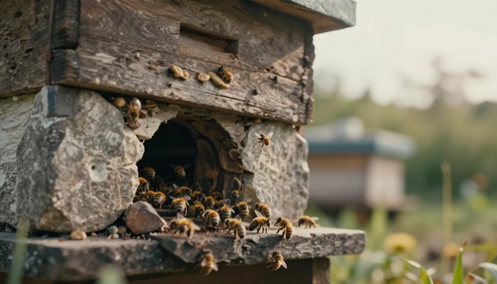 A detailed view of a stonebrood hive entrance, showcasing its intricate textures and natural elements