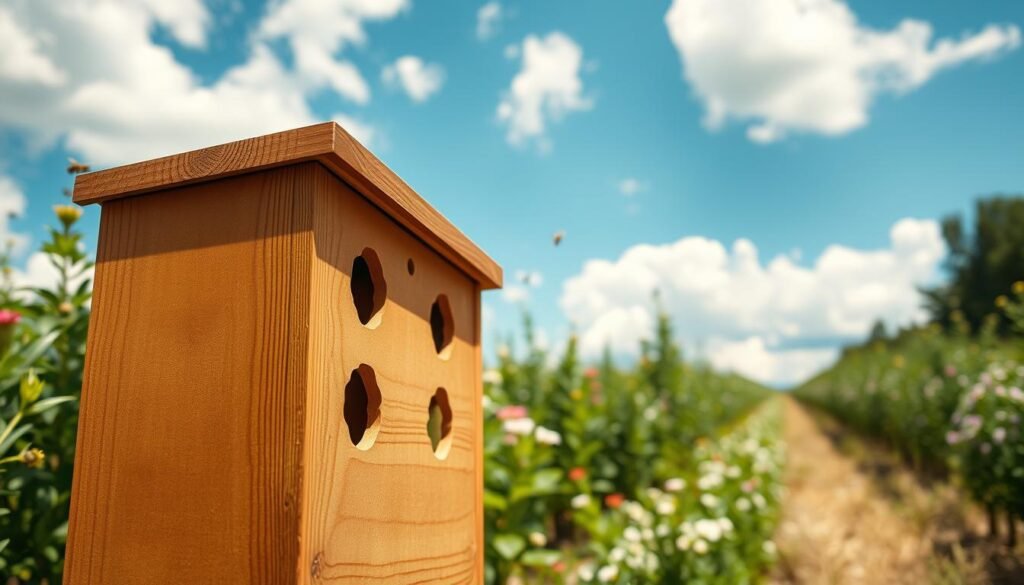 A detailed view of a swarm trap box designed for beekeeping, prominently displayed in the foreground with natural wood textures and intricate details, showcasing the entrance holes and honeycomb-like patterns. In the middle ground, a lush green apiary filled with flowering plants and bees buzzing around, illustrating a vibrant ecosystem. The background features a clear blue sky with soft, fluffy clouds, enhancing the serene atmosphere. The scene is well-lit with warm sunlight casting gentle shadows, emphasizing the craftsmanship of the swarm trap box. The angle is slightly tilted upward, creating an inviting perspective for viewers. Overall, the mood conveys tranquility and purpose, inspiring beekeepers to consider the ideal design for their apiaries.