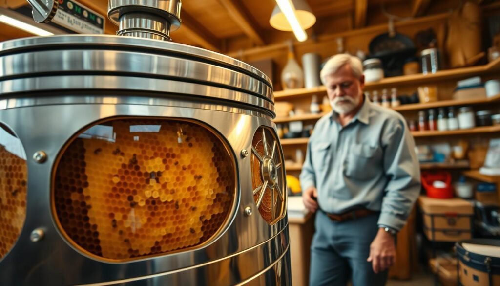 A detailed view of a tangential honey extractor in a well-lit workshop setting. In the foreground, showcase the extractor's cylindrical body, featuring glass windows revealing spinning frames filled with honeycomb. The metallic structure should glint under soft, warm overhead lighting, emphasizing its engineering. In the middle ground, include a beekeeper in modest, casual clothing, carefully monitoring the extraction process, demonstrating a professional attitude. In the background, show shelves lined with beekeeping equipment like jars, tools, and books, creating a cozy and productive atmosphere. The angle should be slightly elevated to capture the extractor's mechanics effectively, with a soft focus on the beekeeper to draw attention to the extractor's intricate design. The overall mood should be inviting and informative, reflecting a passion for beekeeping. A detailed view of a tangential honey extractor in a well-lit workshop setting. In the foreground, showcase the extractor's cylindrical body, featuring glass windows revealing spinning frames filled with honeycomb. The metallic structure should glint under soft, warm overhead lighting, emphasizing its engineering. In the middle ground, include a beekeeper in modest, casual clothing, carefully monitoring the extraction process, demonstrating a professional attitude. In the background, show shelves lined with beekeeping equipment like jars, tools, and books, creating a cozy and productive atmosphere. The angle should be slightly elevated to capture the extractor's mechanics effectively, with a soft focus on the beekeeper to draw attention to the extractor's intricate design. The overall mood should be inviting and informative, reflecting a passion for beekeeping.