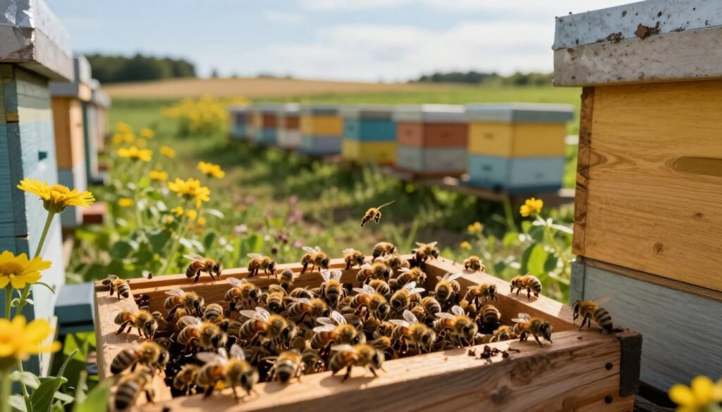 A detailed view of a vibrant apiary entrance surrounded by a well-maintained landscape. In the foreground, a wooden hive entrance is adorned with busy bees entering and exiting diligently. The bees are shown in sharp detail, highlighting their activity and purpose. The middle ground features a row of hives, all uniformly spaced, demonstrating proper apiary entrance spacing, with healthy, flowering plants enhancing the scene. In the background, a soft-focus view of an open field and a clear blue sky adds to the serene, natural atmosphere. The lighting is warm and inviting, suggesting late afternoon sunlight that casts gentle shadows. The overall mood is peaceful yet industrious, capturing the essence of a thriving bee environment, ideal for a biosecurity-focused article. A detailed view of a vibrant apiary entrance surrounded by a well-maintained landscape. In the foreground, a wooden hive entrance is adorned with busy bees entering and exiting diligently. The bees are shown in sharp detail, highlighting their activity and purpose. The middle ground features a row of hives, all uniformly spaced, demonstrating proper apiary entrance spacing, with healthy, flowering plants enhancing the scene. In the background, a soft-focus view of an open field and a clear blue sky adds to the serene, natural atmosphere. The lighting is warm and inviting, suggesting late afternoon sunlight that casts gentle shadows. The overall mood is peaceful yet industrious, capturing the essence of a thriving bee environment, ideal for a biosecurity-focused article.