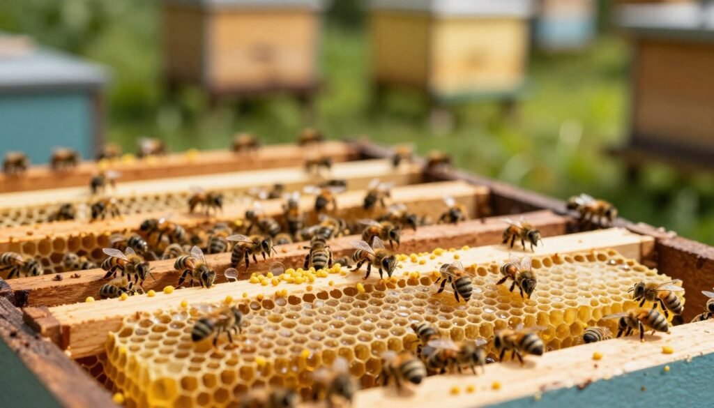 A detailed view of rotating frames in a healthy beehive, showcasing a vibrant, bustling environment. In the foreground, beautifully crafted wooden frames honeycomb integrate with golden honey, glistening under soft, warm lighting. Bees are actively working, collecting pollen and tending to the brood, creating a sense of harmony and productivity. The middle layer features several frames being rotated, with a slight motion blur to convey action, positioned among lush greenery typical of a thriving hive environment. In the background, sunlit trees blur softly, enhancing the sense of vitality. Capture this scene with a shallow depth of field, using a close-up angle that emphasizes the details of the frames and bees, conveying a tranquil yet industrious atmosphere, ideal for illustrating the concept of healthy hive management.