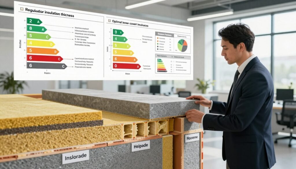 A detailed visualization of regulatory standards for insulation, focusing on optimal inner cover insulation thickness. In the foreground, a professional architect or engineer in business attire examines a cross-section of a wall showcasing various layers of insulation materials, clearly labeled for compliance. The middle ground features technical diagrams and data overlays highlighting energy efficiency metrics and regulatory compliance details. The background includes a modern office space with natural light filtering through large windows, creating a bright and professional atmosphere. The scene conveys a sense of meticulousness and expertise, emphasizing the importance of adherence to regulatory standards in energy efficiency. The perspective should be slightly elevated, providing a comprehensive view of the insulation layers and their applications in building design.