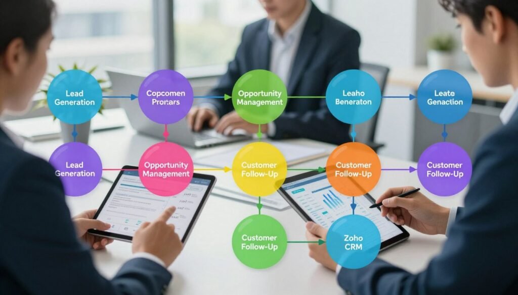 A detailed visualization of the Zoho CRM sales process, showcasing a vibrant, dynamic flowchart. In the foreground, distinct stages of the sales process are represented in colorful, interconnected nodes, labeled with terms like "Lead Generation," "Opportunity Management," and "Customer Follow-Up." The middle ground features professional individuals in business attire engaging with digital tablets and laptops, analyzing the CRM data. The background is an abstract office environment, subtly blended with soft blues and greens that imply a productive atmosphere. Natural light streams through large windows, casting gentle shadows, enhancing the focus on the sales visualization. The overall mood is one of efficiency and professionalism, reflecting the importance of a structured sales approach.