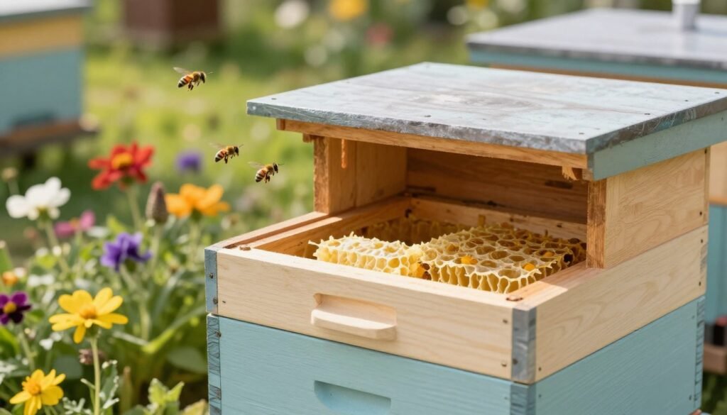 A detailed wooden nuc box, showcasing its importance for bee housing, is positioned prominently in the foreground. The box is painted in soft pastel colors, displaying a sturdy frame with frames removed, revealing the interior structure lined with wax foundation. In the middle ground, a vibrant array of colorful flowers and a few busy bees are captured in mid-flight, emphasizing the lively ecosystem surrounding the nuc. The background features a blurred garden with gentle greenery under warm afternoon sunlight, creating a tranquil yet industrious atmosphere. The lens captures the scene from a slightly elevated angle, focusing on the textures of the wood and the activity of the bees, enhancing the mood of natural harmony and productivity.
