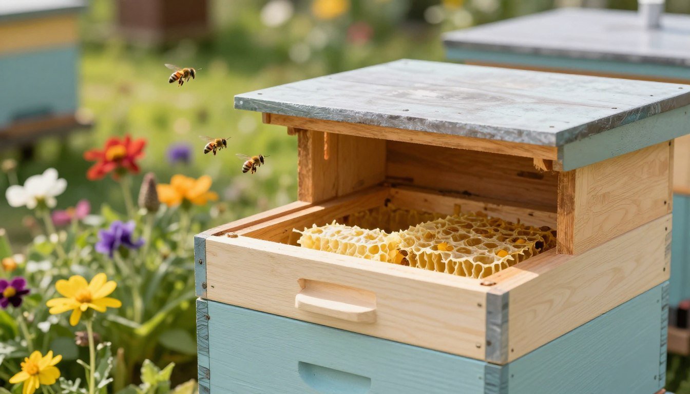 A detailed wooden nuc box, showcasing its importance for bee housing, is positioned prominently in the foreground