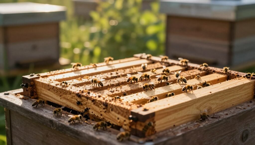 A detailed wooden queen excluder placed on a rustic beekeeping table, surrounded by gently buzzing bees. In the foreground, focus on the intricate design of the excluder, with its slotted openings that prevent the queen from entering certain hive sections. In the middle ground, several bees are busy at work, their wings catching the sunlight, which creates a warm, golden glow. The background features a blurred hive and lush green foliage, hinting at the seasonal changes in the apiary. The lighting is soft, reminiscent of late afternoon sun, casting gentle shadows to evoke a serene, contemplative mood. The overall atmosphere should convey a sense of careful beekeeping practice, emphasizing both the mechanics and potential drawbacks of using a queen excluder.