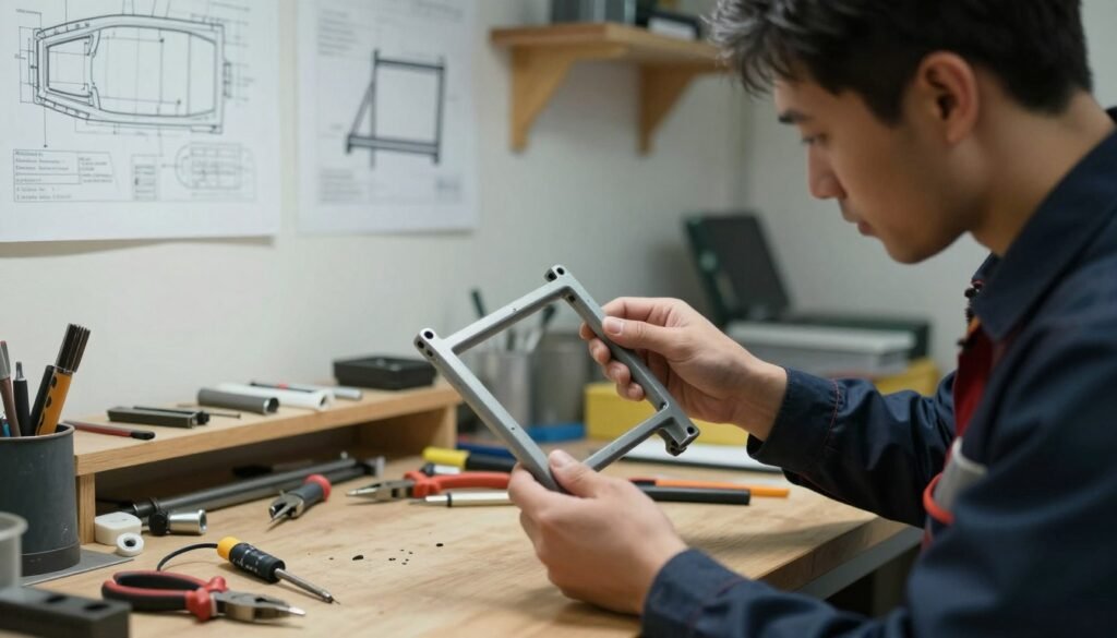 A detailed workshop scene showcasing methods for replacing broken frame ears and end bars. In the foreground, a skilled technician, dressed in professional work attire, is holding a broken frame, examining it closely with a focused expression. The middle layer features a workbench cluttered with tools such as pliers, a soldering iron, and replacement parts. Behind, a wall is adorned with schematics and diagrams of frame repair techniques. Soft, diffused lighting casts gentle shadows, creating a serious and industrious atmosphere. The image captures a close-up angle, emphasizing the technician's meticulous work while ensuring a clean, organized workspace, reflecting the technical nature of the task at hand.