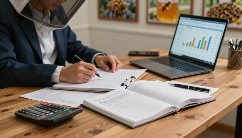 A detailed workspace scene depicting a beekeeping payroll tracking setup. In the foreground, a wooden desk is covered with open ledgers, spreadsheets, and a laptop displaying graphs related to labor hours and earnings, surrounded by tools like a calculator and pens. In the middle ground, a person in professional business attire is analyzing the documents and typing notes, focused and engaged in the task. The background features a wall with framed images of bee colonies and honey production, creating an atmosphere of bustling productivity. Soft, warm lighting casts gentle shadows, creating a cozy and inviting mood. A close-up angle emphasizes the details on the desk, highlighting the importance of effective payroll management in a small apiary.