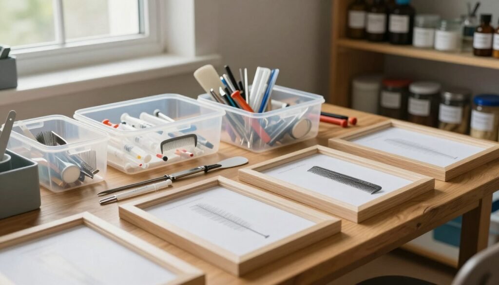 A detailed workspace setup for preparing equipment for the storage of supers, featuring frames arranged meticulously on a sturdy wooden table in the foreground. In the middle ground, clear containers housing drawn combs sit alongside tools like spatulas and syringes, emphasizing the precision needed in the process. Soft, diffused natural light filters through a nearby window, casting gentle shadows that enhance the depth of the scene. In the background, shelves laden with labeled jars and tools add an organized aesthetic, suggesting professionalism. The atmosphere feels calm and methodical, with a sense of purpose radiating from the carefully curated equipment arrangement. The camera angle is slightly above the tabletop, providing a comprehensive view that invites the viewer to explore the intricate details of the setup.