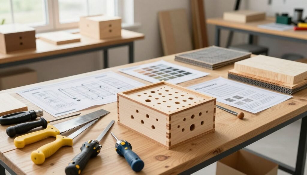A detailed workspace showcasing “hive material requirements” for modifications, featuring a well-organized hive assembly area. In the foreground, brightly colored tools such as saws and drills are arranged around an open beehive modular structure, displaying precise ventilation holes in various sizes. The middle ground features blueprints and material samples—wood, mesh, and insulation—spread across a wooden workbench. In the background, a bright, well-lit workshop with sunlight streaming through large windows creates a warm atmosphere, highlighting the intricate woodwork of hive components. The image is captured from a slightly elevated angle, focusing on the hive assembly and materials while maintaining a clean, professional tone with no clutter. Ideal lighting enhances the textures and colors, conveying a sense of craftsmanship and attention to detail in bee-friendly designs. A detailed workspace showcasing “hive material requirements” for modifications, featuring a well-organized hive assembly area. In the foreground, brightly colored tools such as saws and drills are arranged around an open beehive modular structure, displaying precise ventilation holes in various sizes. The middle ground features blueprints and material samples—wood, mesh, and insulation—spread across a wooden workbench. In the background, a bright, well-lit workshop with sunlight streaming through large windows creates a warm atmosphere, highlighting the intricate woodwork of hive components. The image is captured from a slightly elevated angle, focusing on the hive assembly and materials while maintaining a clean, professional tone with no clutter. Ideal lighting enhances the textures and colors, conveying a sense of craftsmanship and attention to detail in bee-friendly designs.