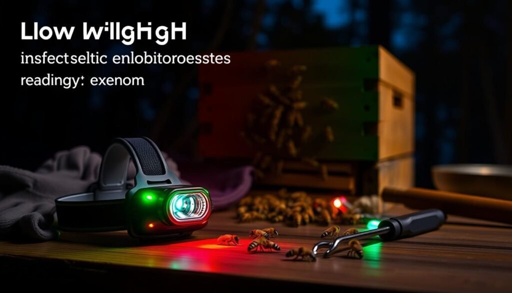 A dimly lit scene showcasing a headlamp illuminating vibrant red and green light modes, designed for low-light hive inspections. In the foreground, a detailed headlamp, featuring a modern design, rests on a wooden table surrounded by beekeeping tools like gloves and a hive tool. The middle ground captures a close-up of a bee hive, with bees gently buzzing around, illuminated by the red and green light, creating soft shadows. In the background, blurred trees or a night sky contribute to a serene and professional atmosphere. The lighting emphasizes the warm glow of the light modes, enhancing the mood of nocturnal exploration while maintaining focus on the headlamp's functionality. The angle is slightly above eye level, showcasing all elements harmoniously.