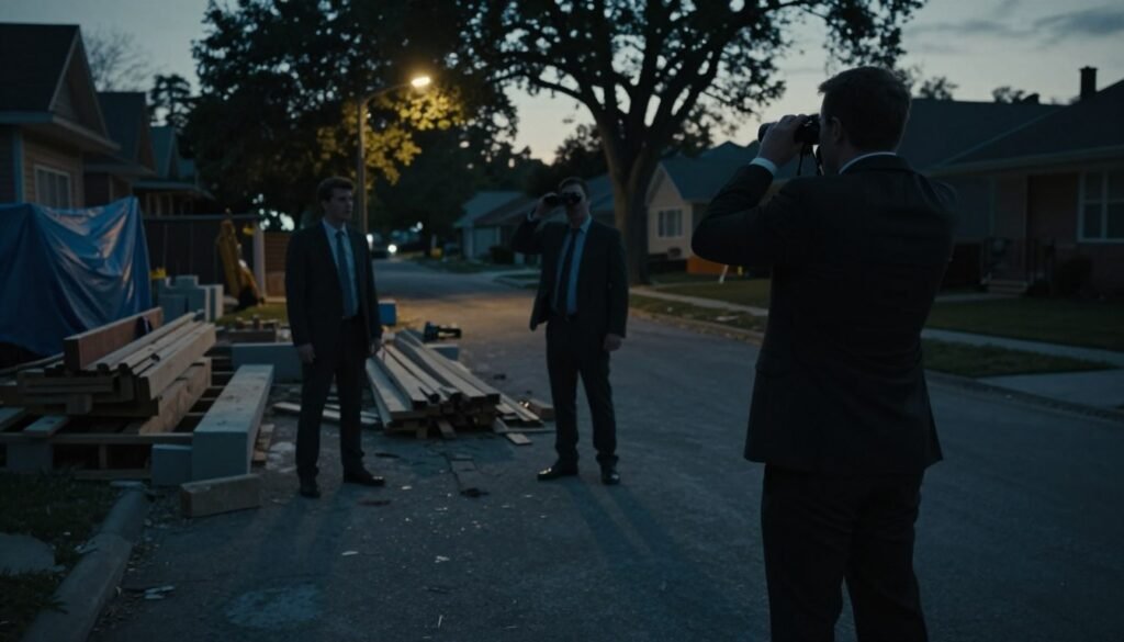 A dimly lit suburban street at dusk, focusing on a mysterious scene involving shadowy figures in professional attire, examining a construction site. In the foreground, a person in a suit peers through a pair of binoculars, looking suspiciously at the site. The middle ground features scattered construction materials like lumber, concrete blocks, and heavy equipment, partially obscured under tarps. In the background, ominous silhouettes of trees are illuminated by a faint, flickering streetlight, creating a tense atmosphere. Soft shadows stretch across the ground, hinting at uncertainty and secrecy. The color palette leans towards muted blues and grays, enhancing the feeling of unease. Capture this moment from a low angle to emphasize the construction backdrop looming over the figures, evoking a sense of alertness and vigilance in the neighborhood.