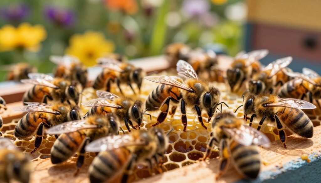A dramatic close-up of a beehive in a vibrant garden, showcasing a scene of rejection against a newly introduced queen bee. In the foreground, several worker bees are aggressively surrounding a distinctively larger queen bee, emphasizing their hostility with their stingers raised. The middle ground features a bustling hive structure with honeycomb and bees in various poses, portraying chaos and confusion. The background is softly blurred, revealing colorful flowers and greenery, allowing the viewer to focus on the bees. The lighting is warm and natural, with sunbeams illuminating the scene, creating a contrast between light and shadow that enhances the tension. The atmosphere is charged and frantic, reflecting the struggle for colony acceptance.