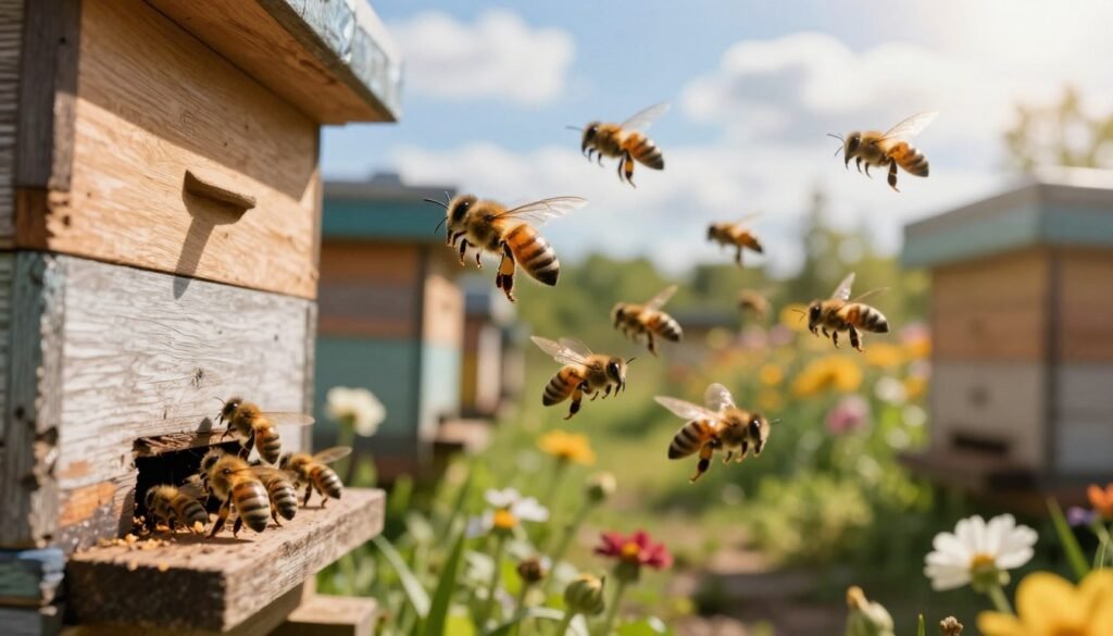 A dramatic scene depicting bees escaping from a hive, showcasing their flight in mid-air, with an emphasis on their delicate wings sparkling in the sunlight. In the foreground, a detailed close-up of a wooden bee box with a few bees clustering at the entrance, their bodies glistening as they move. The middle ground features a lush garden filled with blooming flowers, providing a rich backdrop and a sense of abundance. In the background, a blue sky with soft, fluffy clouds and the warm glow of the sun illuminating the entire scene. The atmosphere is vibrant and lively, capturing the energy of the bees as they navigate their environment, symbolizing the complexity of harvesting strategies in beekeeping. Use natural lighting to create depth and enhance details, with a focus on a slightly angled perspective to draw viewers in.