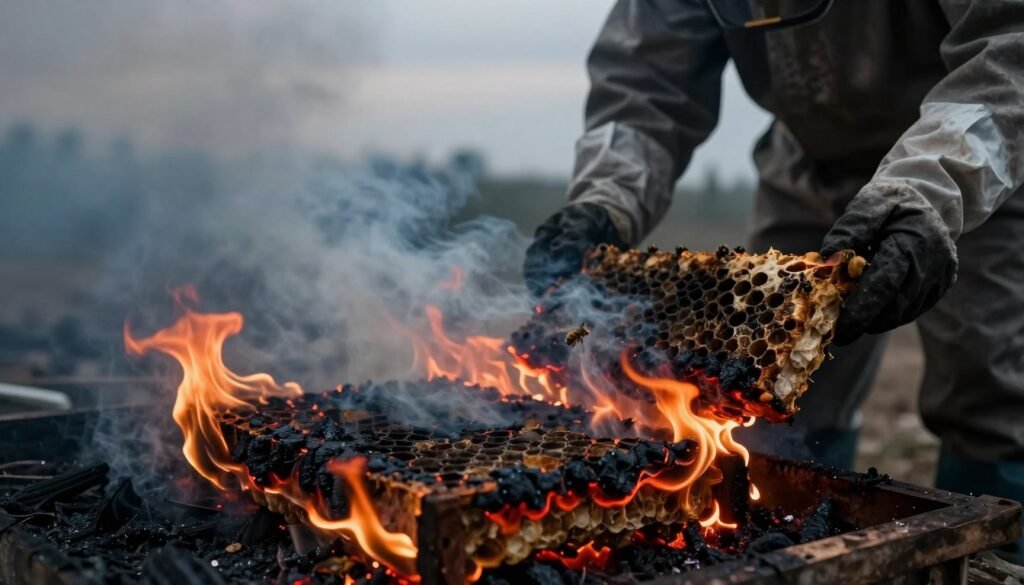 A dramatic scene depicting burning infected bee brood comb, flames licking at the edges of dark, charred frames. In the foreground, pieces of the comb smolder and glow with bright orange and red embers, surrounded by a subtle haze of smoke. In the middle ground, a pair of gloved hands, wearing protective gear, carefully handle the burning material, emphasizing the need for safety and caution. The background features a blurred out, desolate landscape, darkened by the smoke, under an overcast sky that casts a somber mood. Dim lighting enhances the urgency of the moment and highlights the flickering flames. The angle is slightly low, providing a dramatic perspective that conveys the chaos of destruction while maintaining a sense of professionalism. A dramatic scene depicting burning infected bee brood comb, flames licking at the edges of dark, charred frames. In the foreground, pieces of the comb smolder and glow with bright orange and red embers, surrounded by a subtle haze of smoke. In the middle ground, a pair of gloved hands, wearing protective gear, carefully handle the burning material, emphasizing the need for safety and caution. The background features a blurred out, desolate landscape, darkened by the smoke, under an overcast sky that casts a somber mood. Dim lighting enhances the urgency of the moment and highlights the flickering flames. The angle is slightly low, providing a dramatic perspective that conveys the chaos of destruction while maintaining a sense of professionalism.
