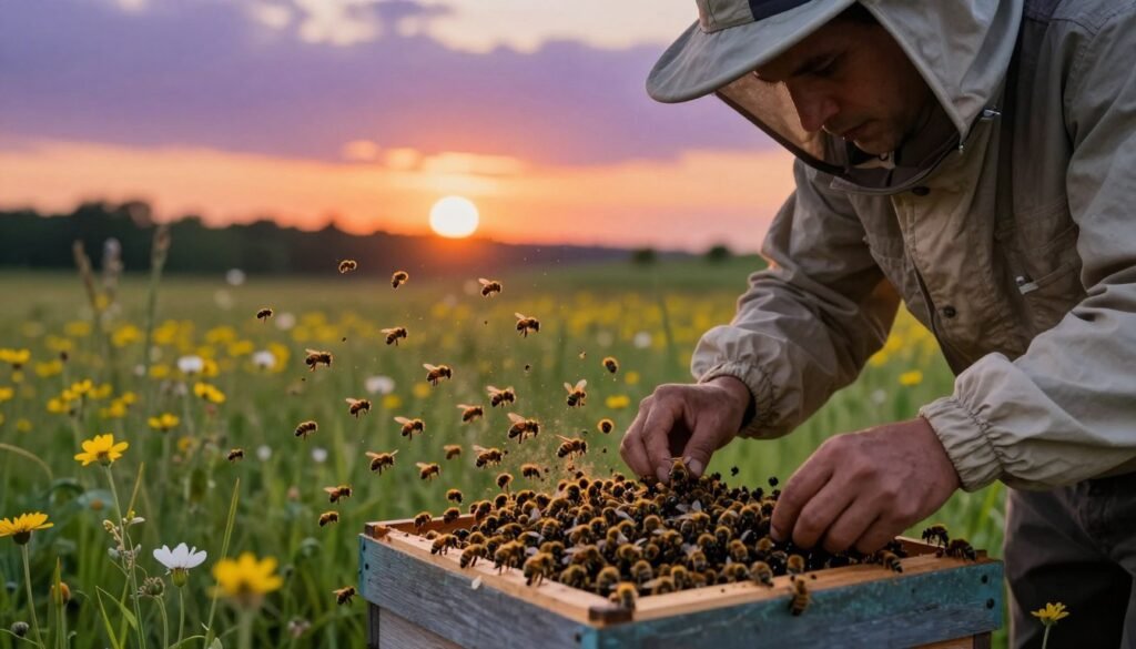 A dramatic scene illustrating the risks of saving doomed bee colonies, set in a vibrant meadow filled with wildflowers. In the foreground, a close-up view of a beekeeper in modest casual clothing, anxiously inspecting a distressed hive, surrounded by disoriented bees. In the middle ground, a swarm of bees heavily interacting with a dying colony, showcasing their struggle and the chaotic nature of the situation. The background features a fading sunset casting an orange and purple hue across the sky, creating an atmospheric tension. Soft focus on the distant trees adds depth, while natural lighting enhances the urgency of the moment. The overall mood conveys a sense of fragility and the heavy burden of responsibility faced by those attempting to rescue the failing colony.