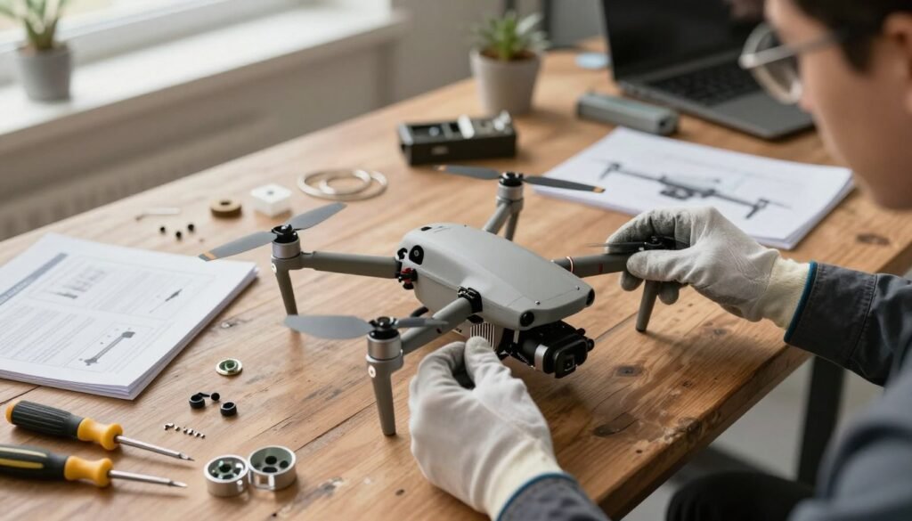 A drone perched on a weathered wooden table, showcasing its comb-like structure as it prepares for maintenance. In the foreground, a pair of gloved hands, dressed in professional attire, delicately handle the drone's components, highlighting attention to detail. The middle ground features an array of tools, such as small screwdrivers, a maintenance manual, and spare parts scattered around, symbolizing potential challenges in drone upkeep. In the background, an office or workshop setting, with soft, diffused natural light streaming through a window, creates a warm and inviting atmosphere. The angle is slightly overhead, giving a comprehensive view of the actions and tools involved. The overall mood conveys caution and focus, reflecting the intricacies of troubleshooting in drone maintenance. A drone perched on a weathered wooden table, showcasing its comb-like structure as it prepares for maintenance. In the foreground, a pair of gloved hands, dressed in professional attire, delicately handle the drone's components, highlighting attention to detail. The middle ground features an array of tools, such as small screwdrivers, a maintenance manual, and spare parts scattered around, symbolizing potential challenges in drone upkeep. In the background, an office or workshop setting, with soft, diffused natural light streaming through a window, creates a warm and inviting atmosphere. The angle is slightly overhead, giving a comprehensive view of the actions and tools involved. The overall mood conveys caution and focus, reflecting the intricacies of troubleshooting in drone maintenance.