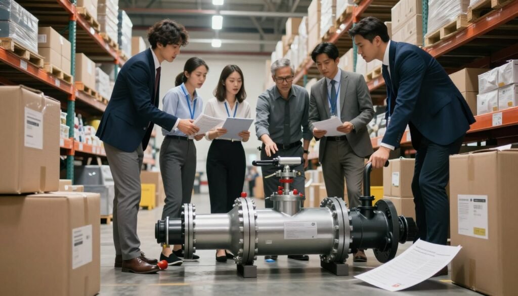 A dynamic and visually engaging scene depicting an entrance reducer in an emergency setup. In the foreground, a prominently featured entrance reducer, showcasing its sleek design and technical features, surrounded by various packages in disarray to illustrate urgency. In the middle ground, a diverse team of professionals in business attire, actively discussing strategies and troubleshooting the setup, their expressions focused and determined. The background includes a warehouse environment with shelves lined with neatly arranged packages, bathed in bright, overhead lighting to suggest a high-stakes atmosphere. Captured with a slight angle to create depth, the image evokes a sense of collaboration and innovation in problem-solving during unforeseen circumstances, emphasizing creativity and adaptability in emergency situations.