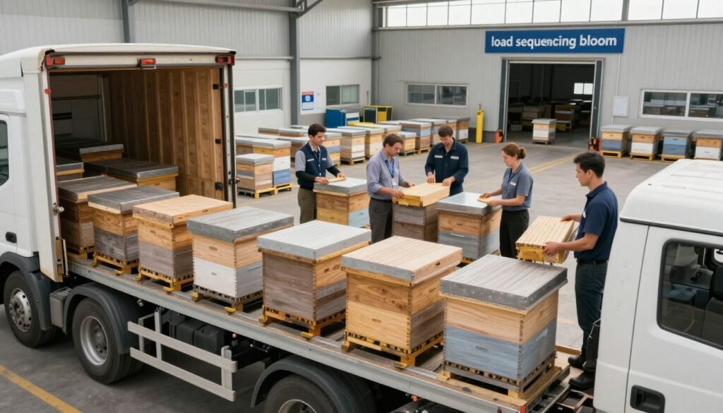 A dynamic image illustrating "load sequencing bloom" in a professional logistics setting for migrating hives. In the foreground, display a detailed truck with a focused view of the loading area, showcasing hives arranged in a strategic sequence for weight distribution. The middle section features a well-organized group of workers in professional business attire, carefully inspecting and managing the loads, emphasizing teamwork and efficiency. In the background, a warehouse environment with loading docks and clear signage highlights an efficient workflow, with natural lighting filtering through large windows to create a bright, energetic atmosphere. Use a wide-angle lens to capture the scale of the operation while maintaining clarity in the details. The overall mood should convey precision, professionalism, and strategic planning in logistics.