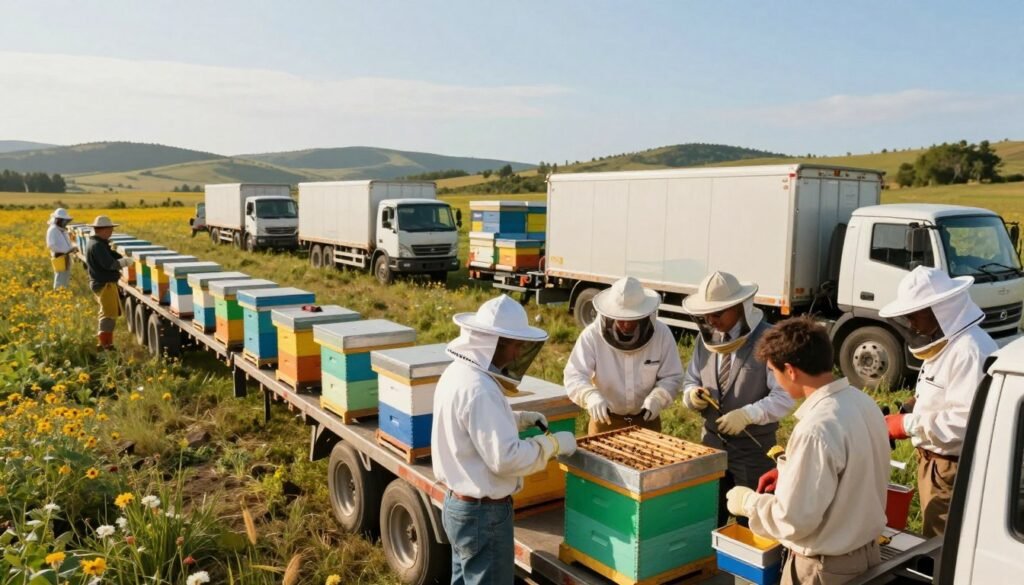 A dynamic scene illustrating the scaling fleet operations of beekeeping. In the foreground, a diverse group of professionals in business attire carefully inspect a hive on a flatbed truck, complete with beekeeping gear and tools. The middle ground features multiple trucks, each transporting rows of vibrant beehives, parked in a sunlit, open field surrounded by wildflowers. In the background, rolling hills and a clear blue sky provide a serene backdrop. The lighting is warm and inviting, suggesting a productive day of work. The angle is slightly elevated, capturing the scale of the operation while emphasizing the commitment to safe and efficient transportation of the beehives. The mood is focused and energetic, showcasing commercial growth and sustainability in beekeeping.