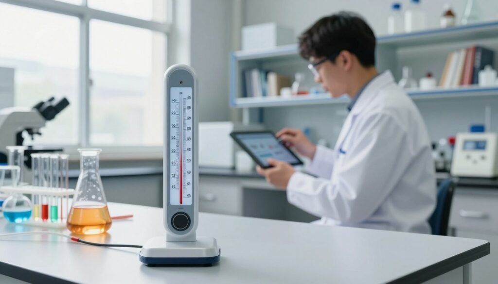 A dynamic scientific lab setting focused on thymol treatment temperature analysis. In the foreground, a sleek, modern thermometer displays a range of temperatures in clear digits, surrounded by lab equipment like beakers and flasks filled with colorful liquids. The middle ground features a researcher in professional attire, examining data on a digital tablet, illustrating the importance of precise temperature control. The background shows a large window with sunlight streaming in, highlighting a well-organized laboratory filled with shelves of books and equipment. The atmosphere is bright and informative, evoking curiosity and professionalism, with a focus on achieving optimal treatment results. The scene should be well-lit, capturing the essence of a cutting-edge scientific research environment.