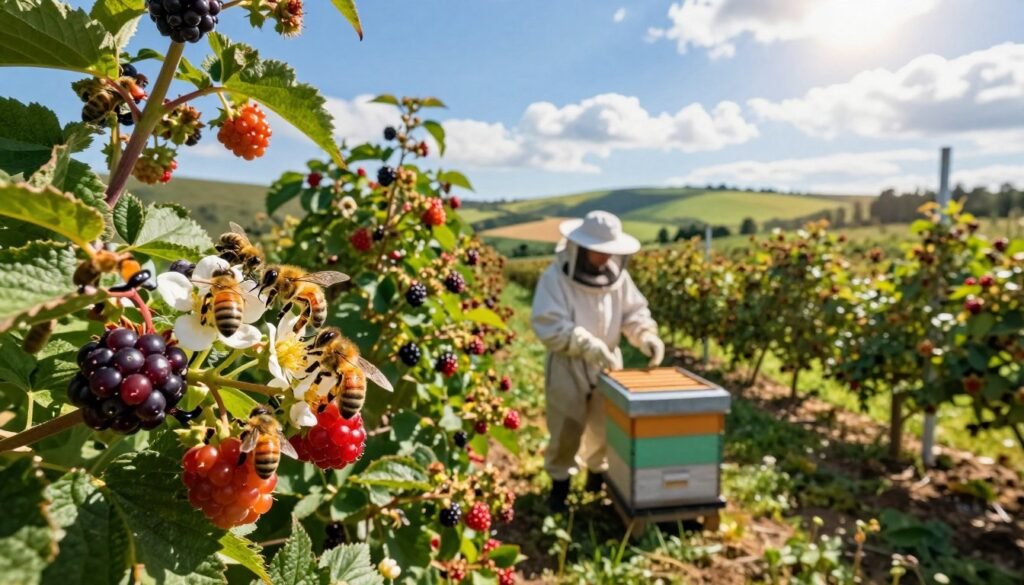 A flourishing berry farm in the foreground, showcasing rows of vibrant, ripe berries ready for harvest. Bees, depicted in intricate detail, are actively pollinating flowers, emphasizing the importance of pollination services. The middle ground features a professional beekeeper wearing a protective suit, carefully tending to hives placed adjacent to berry bushes, with sunlight casting a warm glow on the scene. In the background, rolling hills and a bright blue sky create a serene atmosphere, with distant trees and a few fluffy clouds. The lighting is natural and diffused, capturing the essence of a sunny day. The overall mood is productive and harmonious, illustrating the synergy between bees and berry farming. Use a wide-angle lens to capture the expansive landscape and focus on the action of pollination. A flourishing berry farm in the foreground, showcasing rows of vibrant, ripe berries ready for harvest. Bees, depicted in intricate detail, are actively pollinating flowers, emphasizing the importance of pollination services. The middle ground features a professional beekeeper wearing a protective suit, carefully tending to hives placed adjacent to berry bushes, with sunlight casting a warm glow on the scene. In the background, rolling hills and a bright blue sky create a serene atmosphere, with distant trees and a few fluffy clouds. The lighting is natural and diffused, capturing the essence of a sunny day. The overall mood is productive and harmonious, illustrating the synergy between bees and berry farming. Use a wide-angle lens to capture the expansive landscape and focus on the action of pollination.