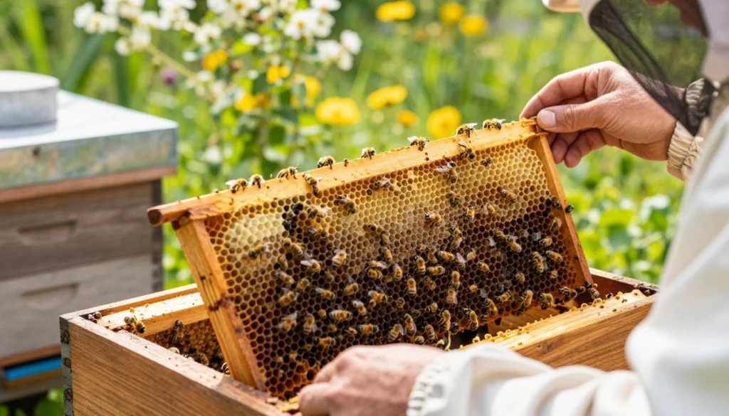 A focused beekeeper in professional attire, carefully inspecting a wooden beehive during a bright, sunny day