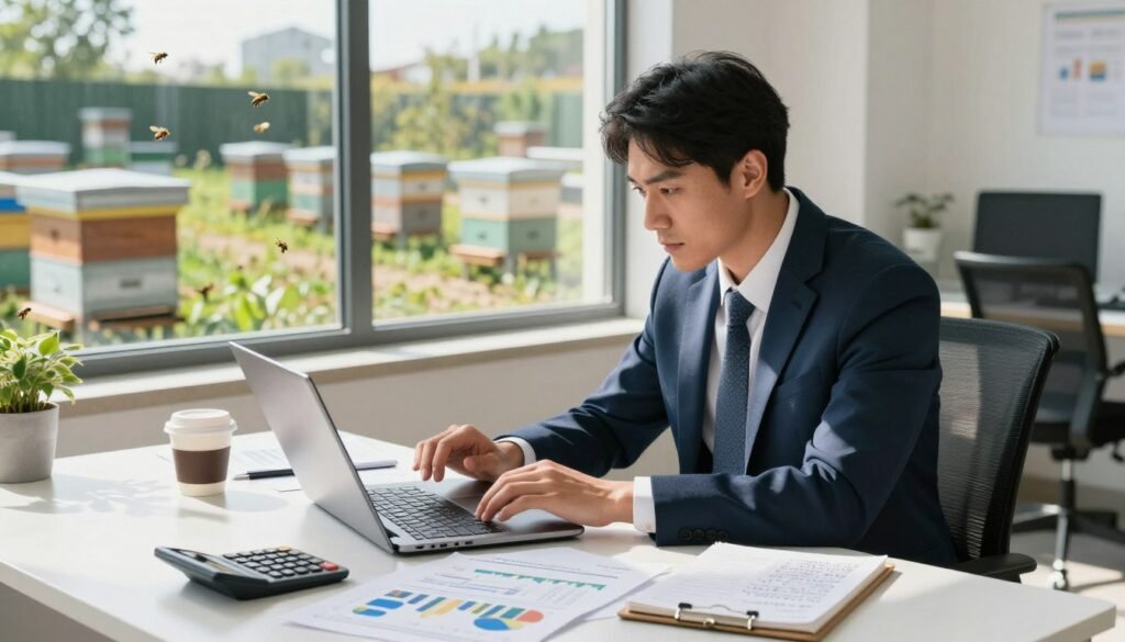 A focused business professional in a crisp, tailored suit is seated at a modern desk cluttered with spreadsheets and charts depicting annual operational expenses. His expression is one of deep concentration as he analyzes financial data on a laptop screen. The foreground includes a calculator, a cup of coffee, and a notepad filled with handwritten notes. In the middle ground, there is a large window showcasing a sunny apiary yard outside, with beehives neatly organized and bees buzzing around, symbolizing productivity. The background features a bright and well-lit office, highlighting a sense of professionalism and focus. Soft natural light streams in, casting gentle shadows, enhancing the atmosphere of determination and efficiency. The overall mood conveys a blend of business acumen and agricultural vitality, emphasizing the connection between financial management and apiary performance. A focused business professional in a crisp, tailored suit is seated at a modern desk cluttered with spreadsheets and charts depicting annual operational expenses. His expression is one of deep concentration as he analyzes financial data on a laptop screen. The foreground includes a calculator, a cup of coffee, and a notepad filled with handwritten notes. In the middle ground, there is a large window showcasing a sunny apiary yard outside, with beehives neatly organized and bees buzzing around, symbolizing productivity. The background features a bright and well-lit office, highlighting a sense of professionalism and focus. Soft natural light streams in, casting gentle shadows, enhancing the atmosphere of determination and efficiency. The overall mood conveys a blend of business acumen and agricultural vitality, emphasizing the connection between financial management and apiary performance.
