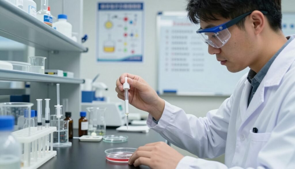 A focused composition displaying the careful application of thymol in a controlled laboratory setting. In the foreground, a professional wearing a lab coat and safety goggles is holding a precision dropper, gently applying thymol to a sample on a glass petri dish. The middle ground features a neatly organized lab bench with essential equipment like beakers and syringes, highlighting a methodical approach to thymol treatment. The background showcases chemical posters and a whiteboard with temperature guidelines written in clear detail. Bright, laboratory lighting emphasizes cleanliness and precision, while a slight blur on the background enhances focus on the thymol application process. The overall mood conveys professionalism, caution, and scientific integrity, ensuring that the viewer understands the importance of avoiding common application mistakes.