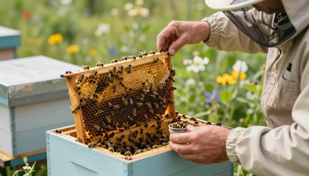 A focused composition featuring a professional beekeeper in modest casual attire, gently handling a virgin queen bee within a clear, well-structured beehive. The foreground showcases the beekeeper's careful hands, holding the queen in a small container with calm precision. In the middle ground, the hive frames portray an organized chaos of bustling worker bees, highlighting the vibrant activity of both a nuc and a full hive. The background features soft-focus flowers and greenery, suggesting a rich, natural environment conducive to bee activity. The lighting is bright and natural, reminiscent of early morning, casting soft shadows and creating a serene atmosphere. The overall mood is one of careful concentration and respect for nature, emphasizing the contrasting handling of virgin queens versus mated queens.