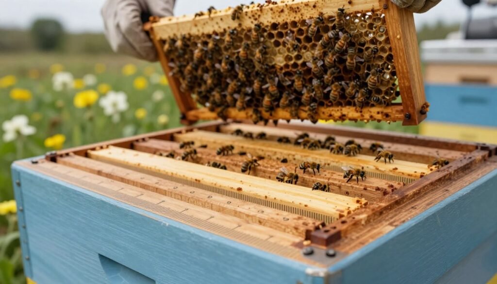 A focused depiction of a bee hive setup specifically designed for thymol treatment, showcasing essential spacer rim requirements. In the foreground, a close-up of spacer rims made of quality wood with precise measurements and features that accommodate thymol application. In the middle, a well-maintained beehive with bees actively working, highlighting the importance of bee space for effective treatment. The background includes a farm setting with blooming flowers under soft, natural lighting, evoking a serene atmosphere of beekeeping. The angle should be slightly elevated to capture both the detailed spacer rims and the thriving hive environment, creating a harmonious and professional look suitable for educational purposes.