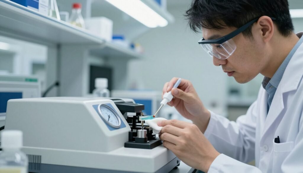 A focused laboratory scene depicting an experienced technician troubleshooting prism contamination on a refractometer. In the foreground, the technician, wearing a lab coat and safety goggles, examines a prism under bright, diffuse overhead lighting. Their face shows concentration as they use a cleaning solution and soft cloth to carefully clean the prism's surface. In the middle ground, a sleek refractometer is prominently displayed with its dials and readings visible, indicating a recent measurement. The background features shelves filled with lab equipment and glassware, softly blurred to emphasize the action taking place. The overall mood is diligent and professional, capturing the importance of accuracy in scientific measurements. The angle is slightly elevated, providing a clear view of the technician's work while ensuring the environment feels organized and efficient.