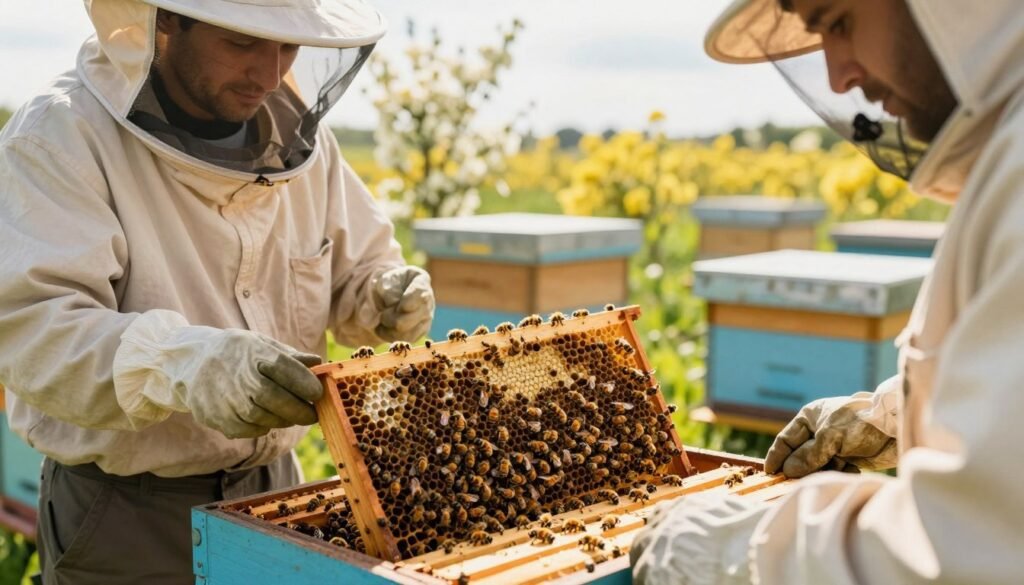 A focused scene depicting a beekeeper in a sunlit apiary, managing colony splits to reduce Varroa mites. In the foreground, the beekeeper, wearing a protective suit and gloves, carefully examines a frame filled with healthy bees. The bees exhibit vibrant colors, contrasting with their wooden hive. In the middle ground, additional hives are placed strategically, some with split colonies in separate compartments, showcasing a methodical approach. The background features blooming flowers and a bright sky, enhancing the sense of a thriving ecosystem. Soft, warm lighting illuminates the scene, creating a calm and productive atmosphere. The angle captures the beekeeper’s thoughtful expression, emphasizing dedication to natural pest management. A focused scene depicting a beekeeper in a sunlit apiary, managing colony splits to reduce Varroa mites. In the foreground, the beekeeper, wearing a protective suit and gloves, carefully examines a frame filled with healthy bees. The bees exhibit vibrant colors, contrasting with their wooden hive. In the middle ground, additional hives are placed strategically, some with split colonies in separate compartments, showcasing a methodical approach. The background features blooming flowers and a bright sky, enhancing the sense of a thriving ecosystem. Soft, warm lighting illuminates the scene, creating a calm and productive atmosphere. The angle captures the beekeeper’s thoughtful expression, emphasizing dedication to natural pest management.