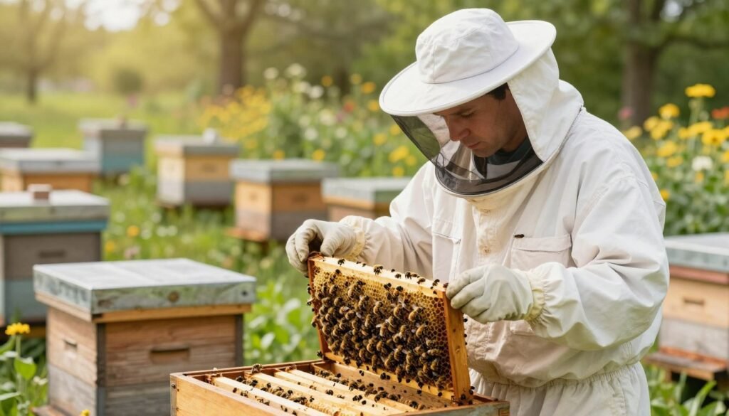 A focused scene depicting a beekeeper in a well-lit apiary, troubleshooting a non-laying queen bee. In the foreground, the beekeeper, dressed in a professional white beekeeping suit and veil, examines a frame filled with bees, a look of concentration on their face. The middle ground features several wooden beehives, some open with honeycomb structures visible, surrounded by lush green flowers and plants, indicating a vibrant ecosystem. The background shows trees softly blurred by natural light, enhancing the serene atmosphere. The image should have a warm, inviting glow, captured with a shallow depth of field to emphasize the beekeeper's interaction with the bees, evoking a sense of calm and dedication to the craft of beekeeping.