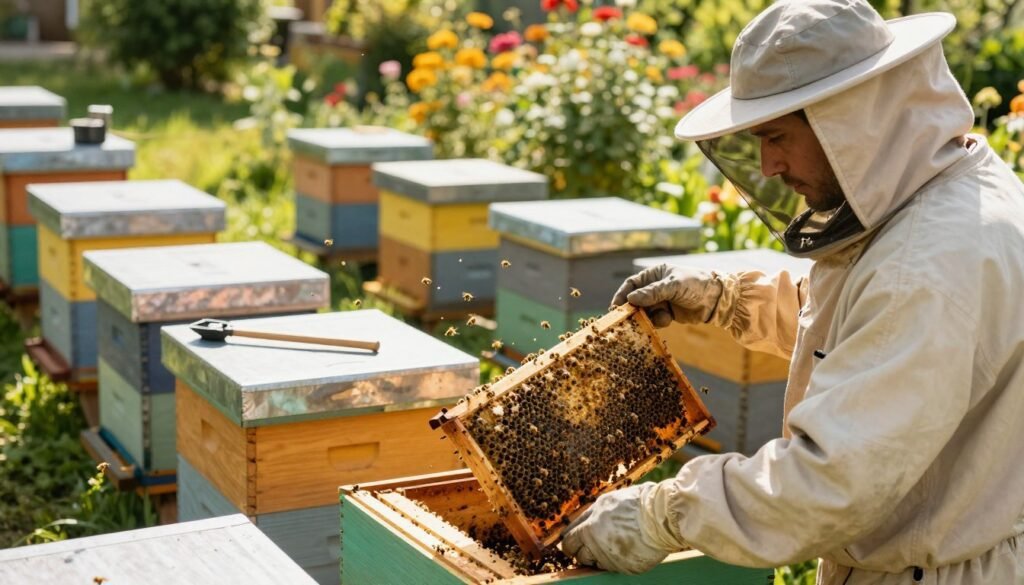A focused scene depicting a beekeeper managing hive movements on a warm, sunny day. In the foreground, a professional beekeeper wearing protective clothing examines a hive with a calm expression, holding a frame of bees. The middle layer shows multiple beehives arranged neatly, colorful bee boxes with bees fluttering around them, and some equipment like a smoker and hive tools nearby. In the background, a lush garden filled with blooming flowers can be seen, emphasizing the importance of pollination. The lighting is bright and natural, casting soft shadows, creating a tranquil atmosphere of productivity and care. The angle is slightly elevated, giving a comprehensive view of the activity while keeping the focus on the beekeeper's careful management.
