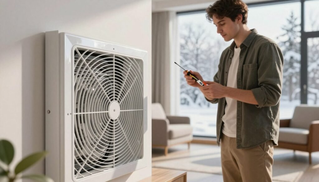 A focused scene depicting a modern indoor ventilation system in a home during winter. In the foreground, an elegantly designed ventilation inner cover is highlighted, showing its intricate grid pattern and a slight sheen from ambient light. In the middle, a professional individual in modest casual attire inspects the cover, demonstrating proper management and maintenance, while holding tools like a screwdriver and a thermometer. In the background, a cozy room with large windows reveals a snowy landscape outside, enhancing the chilly atmosphere. Soft, diffused sunlight filters through the windows, casting gentle shadows. Emphasize a calm, organized mood, illustrating the importance of effective ventilation in cold weather for a healthy living environment. A focused scene depicting a modern indoor ventilation system in a home during winter. In the foreground, an elegantly designed ventilation inner cover is highlighted, showing its intricate grid pattern and a slight sheen from ambient light. In the middle, a professional individual in modest casual attire inspects the cover, demonstrating proper management and maintenance, while holding tools like a screwdriver and a thermometer. In the background, a cozy room with large windows reveals a snowy landscape outside, enhancing the chilly atmosphere. Soft, diffused sunlight filters through the windows, casting gentle shadows. Emphasize a calm, organized mood, illustrating the importance of effective ventilation in cold weather for a healthy living environment.