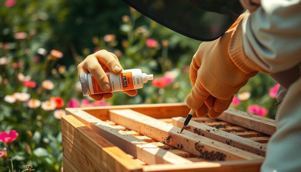 A focused scene depicting a professional beekeeper wearing a protective suit and gloves, meticulously applying high-quality adhesive to secure a wooden hive box. In the foreground, the beekeeper's hands can be seen holding a tube of glue, with a small brush for even application. The middle ground features the wooden hive box, partially assembled, showing where the glue will be applied, while a backdrop of lush greenery and blooming flowers enhances the beekeeping environment. The lighting is soft, emulating a warm, sunny day, with a slight lens blur to emphasize the beekeeper's meticulous work. The atmosphere conveys dedication and professionalism, highlighting the importance of using the best adhesive for strong and lasting hive boxes.