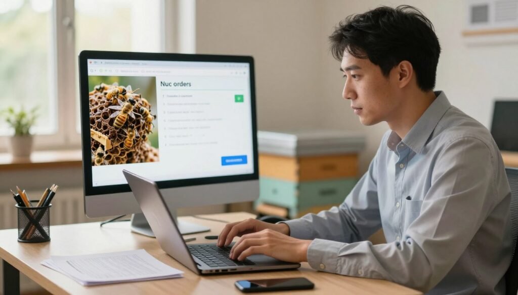 A focused scene depicting a professional man in business attire managing nuc orders via email. In the foreground, the man is seated at a well-organized desk, intently typing on a laptop. He has a focused expression, with papers related to beekeeping orders and a smartphone on the desk next to him. In the middle ground, there are images of bee nucs and hives displayed on a screen, showcasing the order options. The background features a softly lit office environment with warm lighting and a window allowing natural light to filter in, enhancing the atmosphere of professionalism and diligence. The composition invites viewers into the intricacies of managing order changes and cancellations in a calm and efficient manner. A focused scene depicting a professional man in business attire managing nuc orders via email. In the foreground, the man is seated at a well-organized desk, intently typing on a laptop. He has a focused expression, with papers related to beekeeping orders and a smartphone on the desk next to him. In the middle ground, there are images of bee nucs and hives displayed on a screen, showcasing the order options. The background features a softly lit office environment with warm lighting and a window allowing natural light to filter in, enhancing the atmosphere of professionalism and diligence. The composition invites viewers into the intricacies of managing order changes and cancellations in a calm and efficient manner.