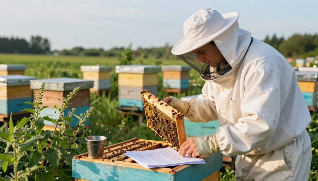 A focused scene depicting a small beekeeper in a well-maintained apiary, methodically examining hives while developing a biosecurity plan. In the foreground, the beekeeper, dressed in a modest white beekeeping suit, carefully analyzes documents spread on a wooden table, surrounded by beekeeping tools. The middle layer features vibrant green bee-friendly plants and healthy hives, with bees actively buzzing around. The background showcases a clear blue sky and distant trees, creating a serene atmosphere. The lighting is warm and natural, suggesting late afternoon, highlighting the intricate details of the bees and hives. The image conveys a sense of purpose and professionalism, suitable for emphasizing the importance of biosecurity in beekeeping.