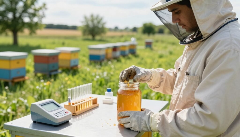 A focused scene illustrating the management of HMF levels in bee feed. In the foreground, a professional beekeeper wearing a light-colored, modest work shirt and protective gloves carefully inspects a glass jar filled with golden, viscous bee feed. In the middle ground, a well-organized workstation features a set of lab equipment, including a refractometer and test tubes, suggesting a scientific approach to monitoring HMF levels. The background shows a serene apiary with vibrant beehives nestled in a lush, green field under a bright, sunny sky, casting soft, natural light on the scene. The atmosphere is calm and informative, inviting viewers to understand the importance of proper bee feed management creatively.
