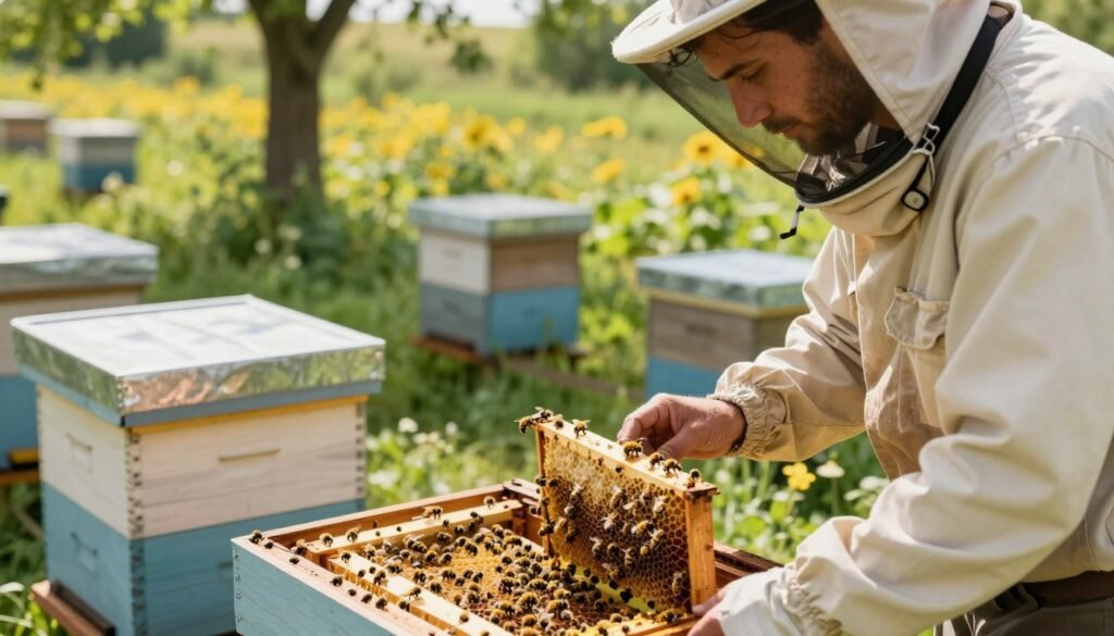 A focused scene in an apiary, emphasizing a beekeeping professional in modest casual clothing, inspecting a hive with an attentive expression. In the foreground, the beekeeper holds a vibrant marked queen bee, gently observing her as she moves among the worker bees. The middle ground features well-organized beehives with some open, displaying the unique frames filled with honeycomb. The background showcases a sunny, lush green landscape with flowering plants, creating a lively atmosphere. Soft sunlight filters through the trees, casting gentle shadows, enhancing the serene mood of a successful apiary. Shot from a slightly elevated angle to capture both the beekeeper's details and the hive activity, creating an engaging and educational visual experience.